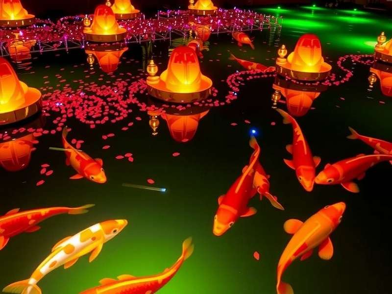 Fish Farm India - Diwali Celebration Event Fish Farm India Diwali event showing decorated ponds with special festive lights and golden fish